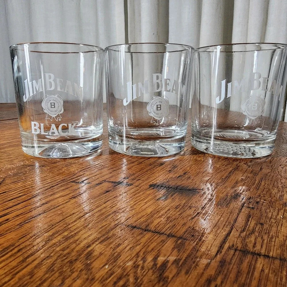 3 Jim Beam Etched Whiskey Glasses - Basketball,Golfball Baseball On bottom